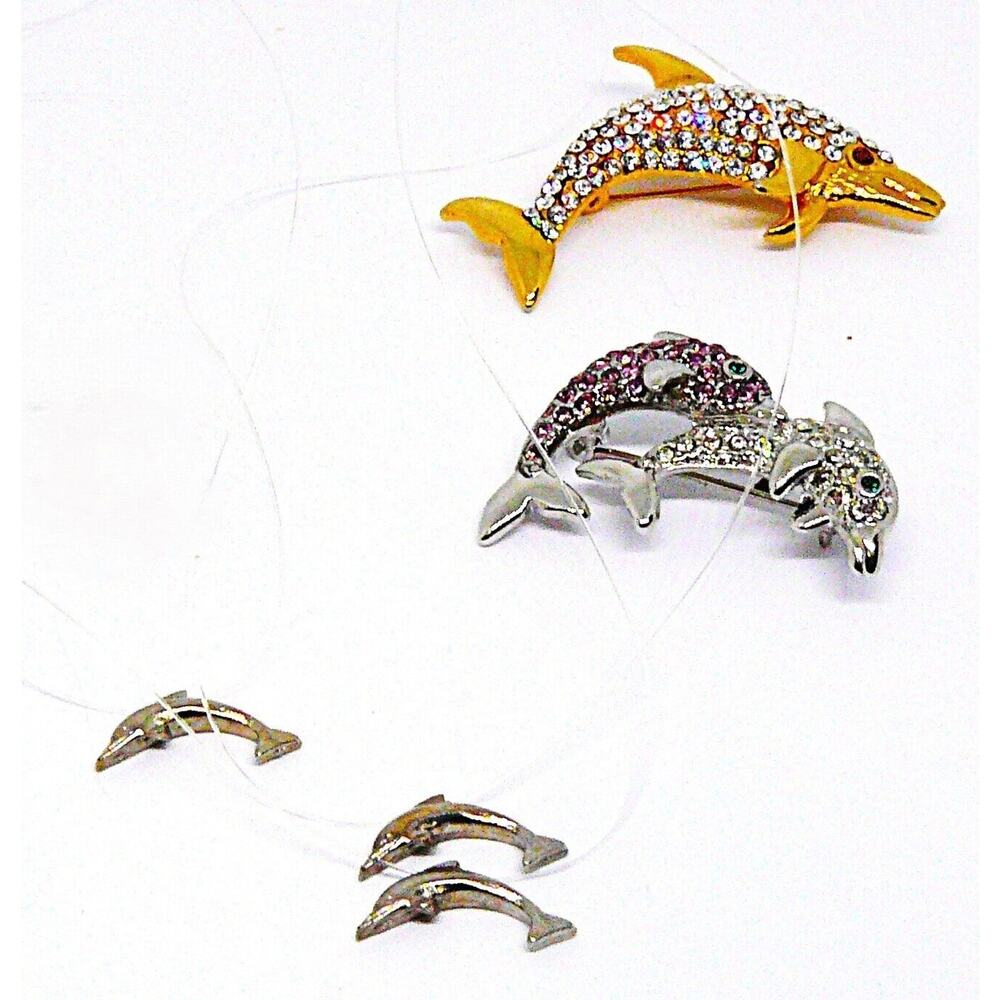 2 Crystal Gold & Silver Tone Porpoise Dolphin Pin Brooches w Illusion Necklace - Picture 3 of 4